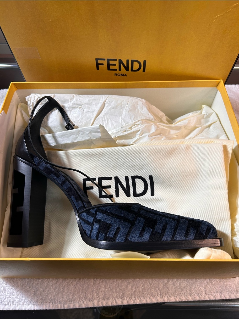 Fendi Black Navy FF Jacquard Slingback Pump Authentic!